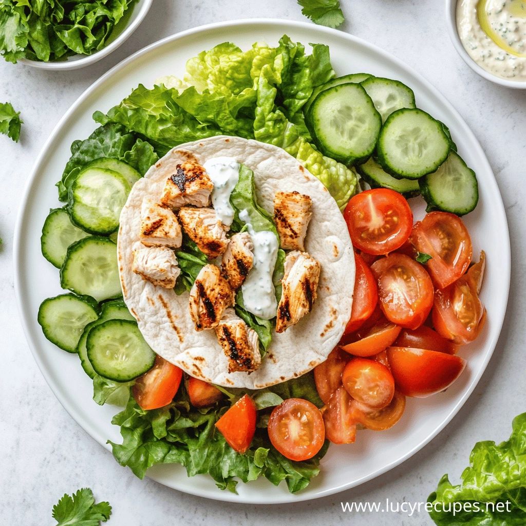 Are chicken wraps healthy? A grilled chicken wrap served on a plate with fresh lettuce, sliced cucumbers, cherry tomatoes, and a drizzle of creamy dressing.