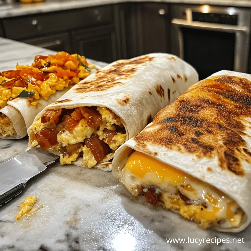 Three freshly made breakfast burritos on a marble countertop, filled with scrambled eggs, bacon, and melted cheese, with one burrito partially open to reveal the ingredients