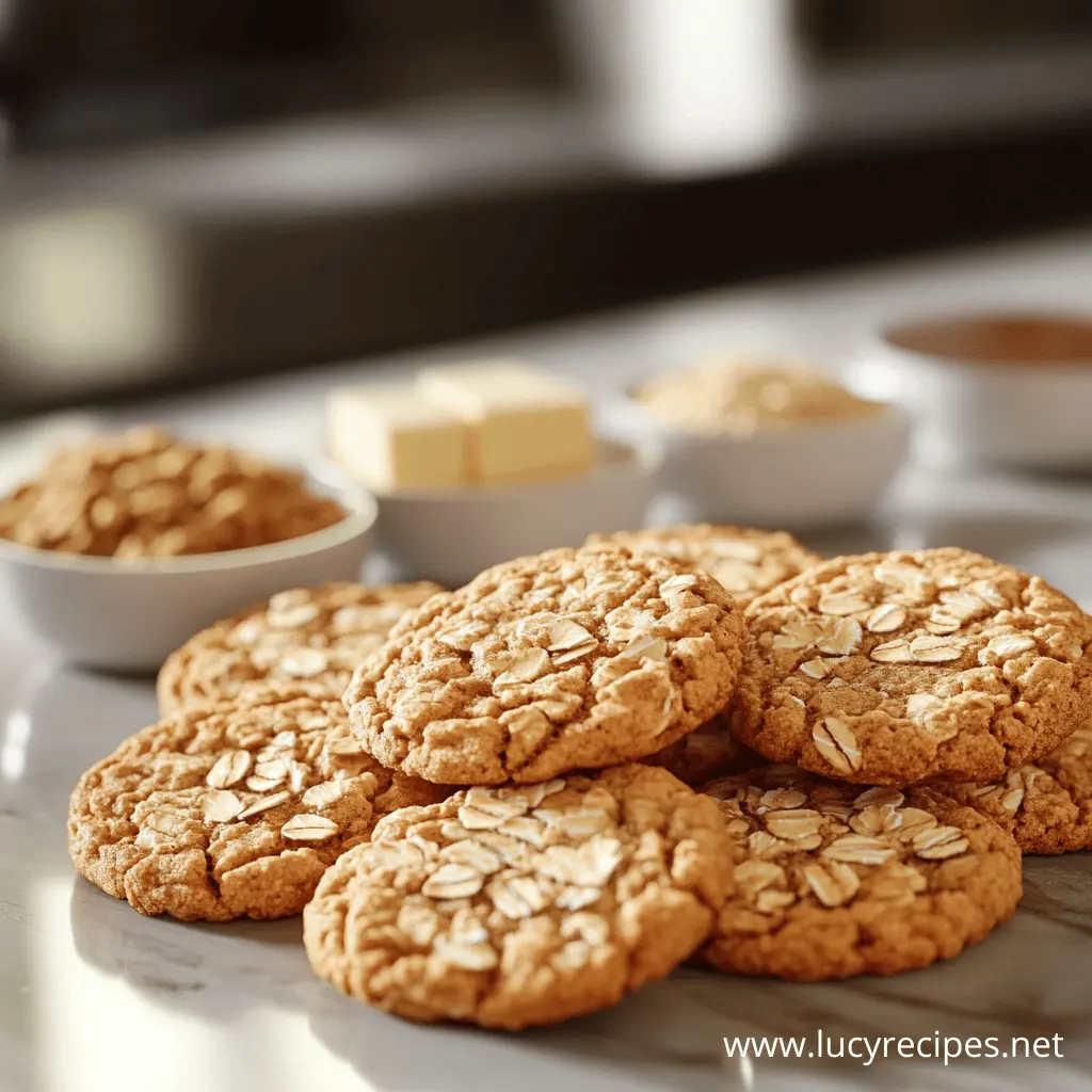 Golden brown oatmeal cookies topped with rolled oats, arranged on a marble countertop with ingredients like butter and oats in the background.