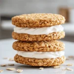 Soft and chewy oatmeal cookies sandwiched with a fluffy vanilla cream filling, stacked on a marble countertop