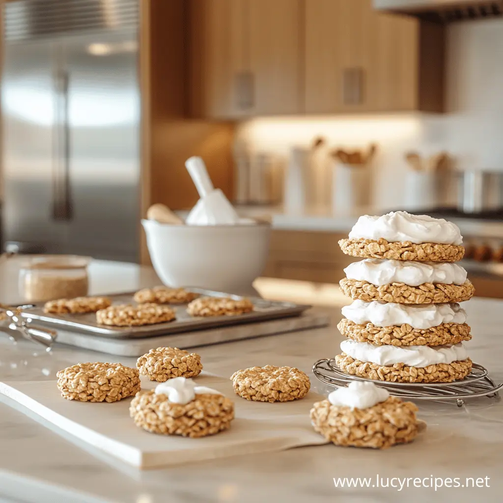 A stack of homemade oatmeal cream pies with fluffy filling on a kitchen counter, surrounded by freshly baked oatmeal cookies and baking tools