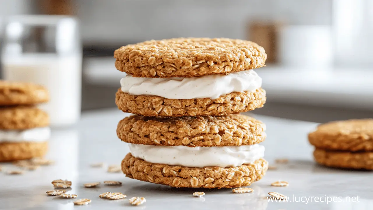 Soft and chewy oatmeal cookies sandwiched with a fluffy vanilla cream filling, stacked on a marble countertop