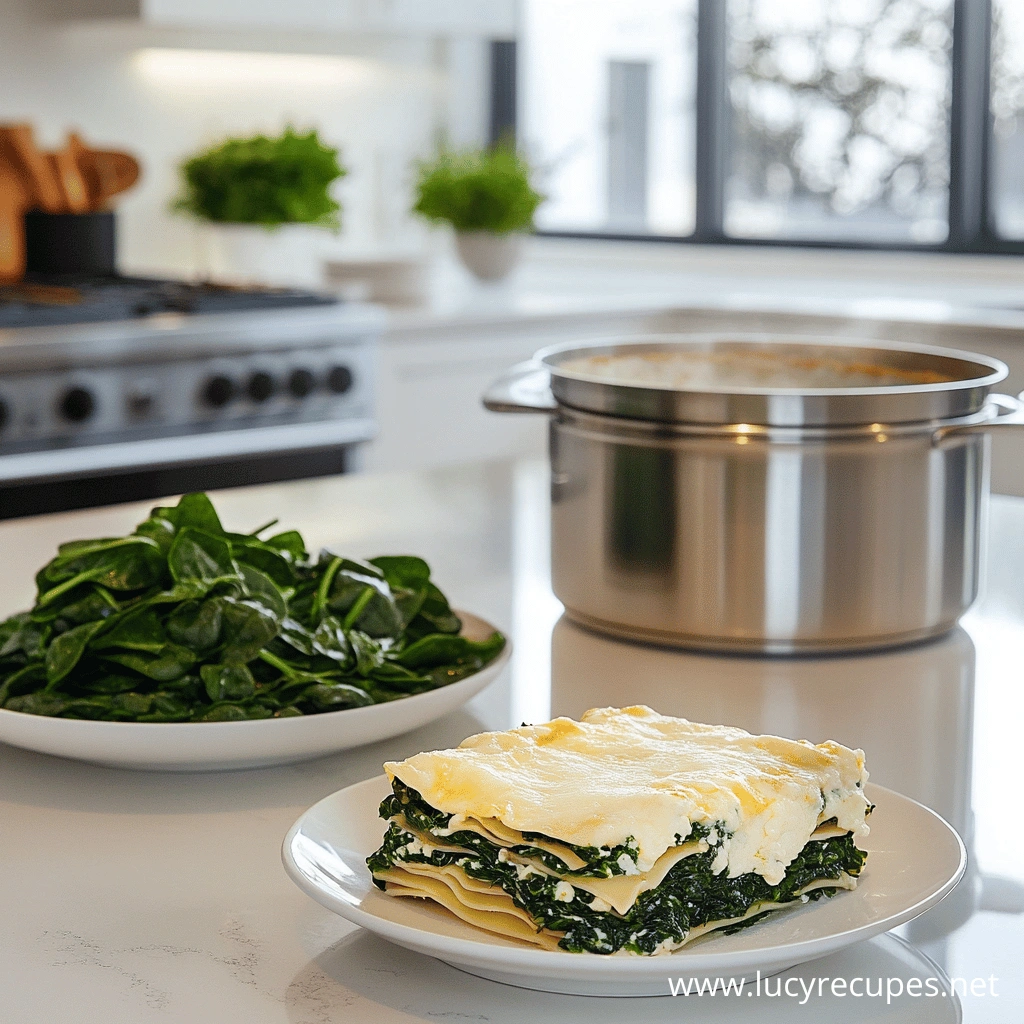 Fresh spinach instead of frozen in lasagna, layered with ricotta cheese and pasta sheets, served on a white plate in a bright kitchen with fresh spinach and a cooking pot in the background