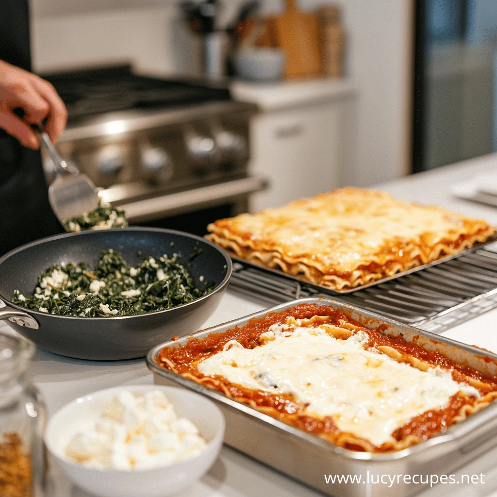 Fresh spinach instead of frozen in lasagna being prepared in a kitchen, with a person adding spinach and ricotta filling to pasta sheets, and two baked lasagnas cooling on a rack