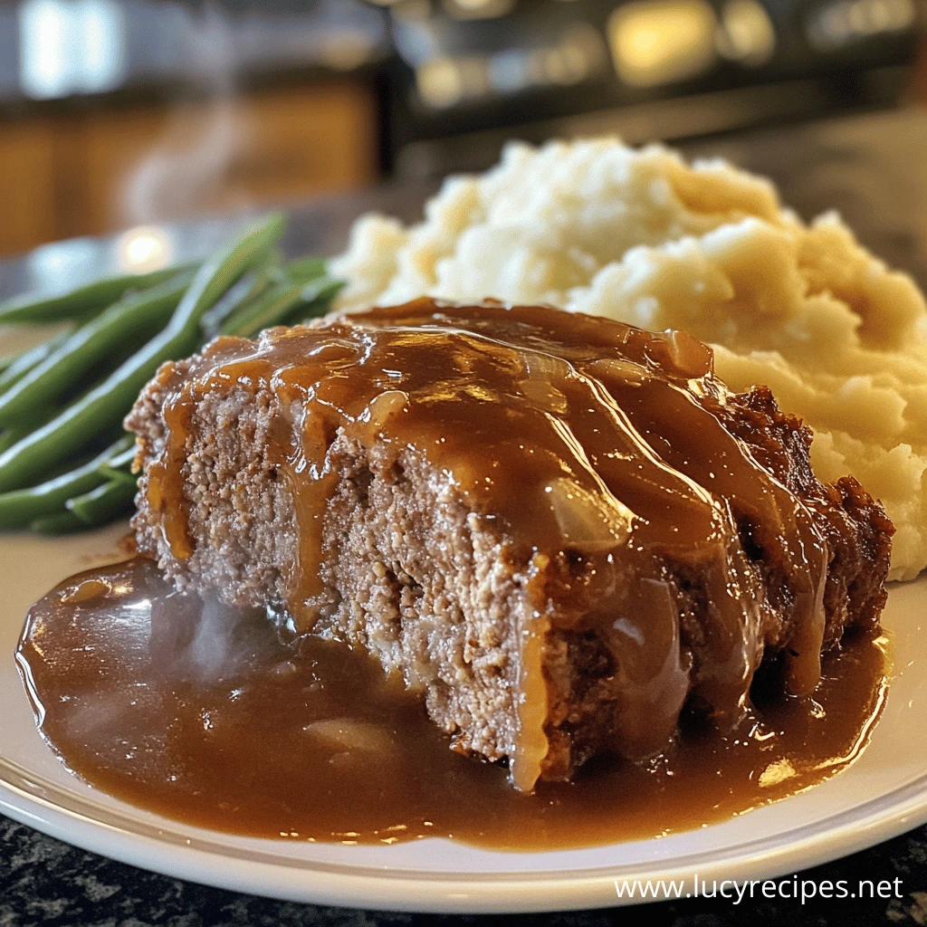 A thick slice of meatloaf smothered in savory onion gravy, served with mashed potatoes and green beans on a white plate