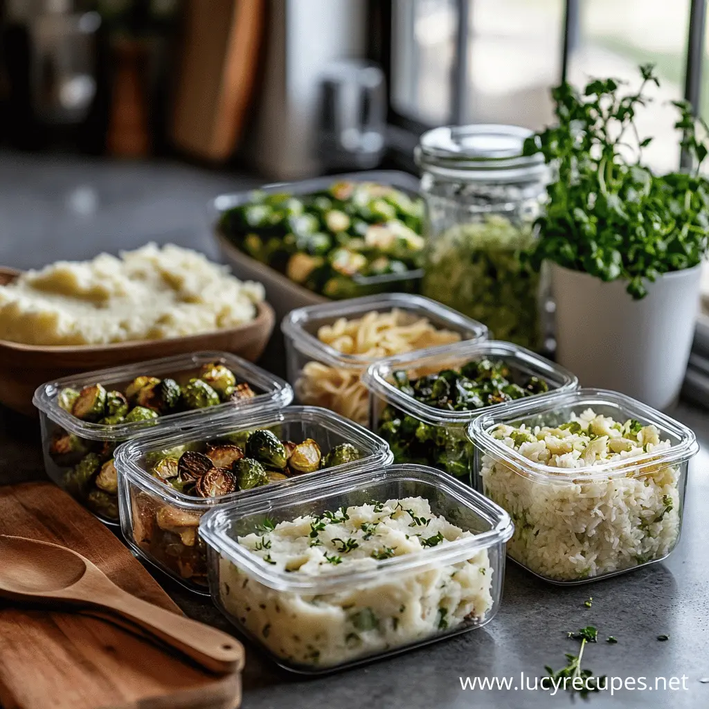 Best Sides for Creamy Garlic Chicken featuring an assortment of meal-prepped side dishes, including mashed potatoes, roasted Brussels sprouts, rice, pasta, and sautéed greens, stored in clear containers on a kitchen counter.