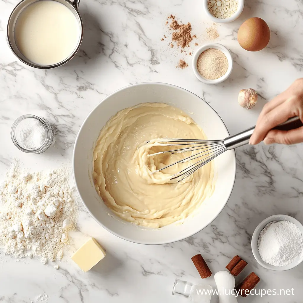 A hand whisking smooth pancake batter in a white bowl, surrounded by ingredients like flour, butter, milk, sugar, egg, salt, cinnamon sticks, and powdered sugar on a marble countertop, preparing pancakes with syrup.