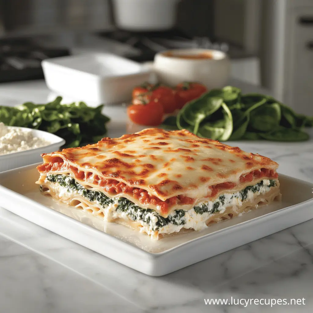 Prevent Watery Spinach Lasagna with this beautifully layered dish, featuring creamy ricotta, fresh spinach, rich marinara sauce, and golden melted cheese, served on a white plate.