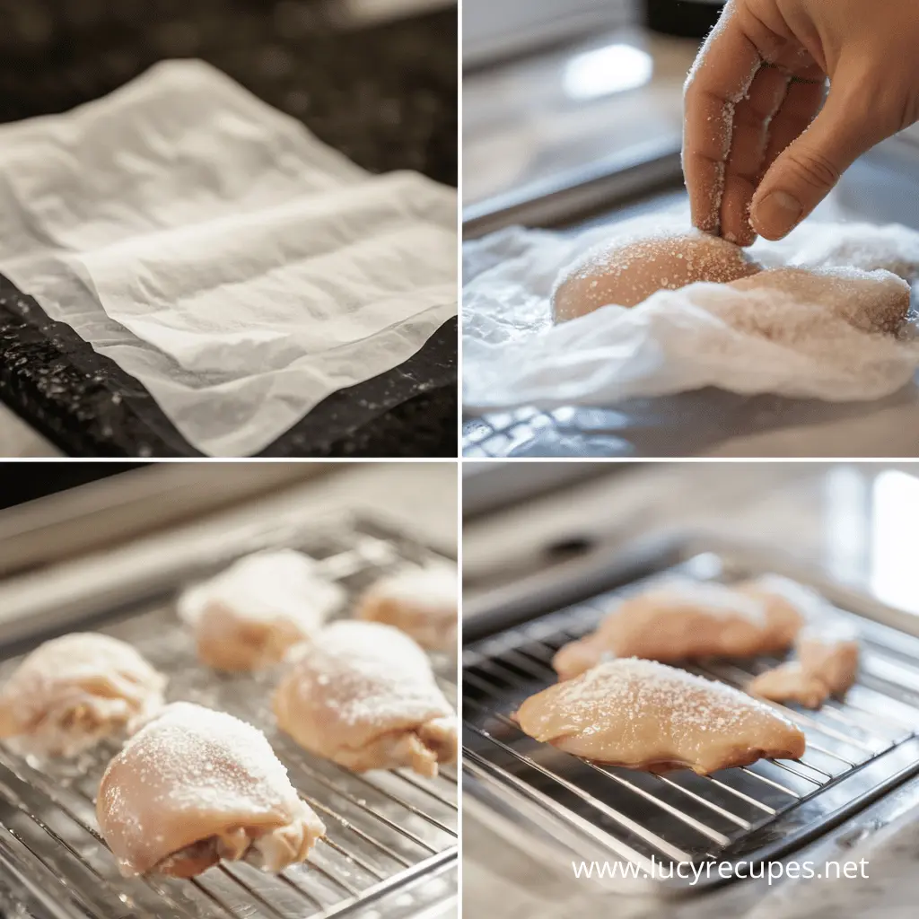 Does salting chicken skin make it crispy? A step-by-step process showing raw chicken being salted and prepared on a wire rack for optimal texture.