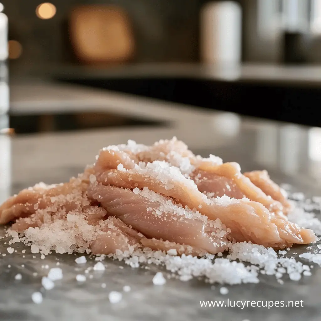 Does salting chicken skin make it crispy? A pile of raw chicken strips covered in coarse salt on a marble countertop.