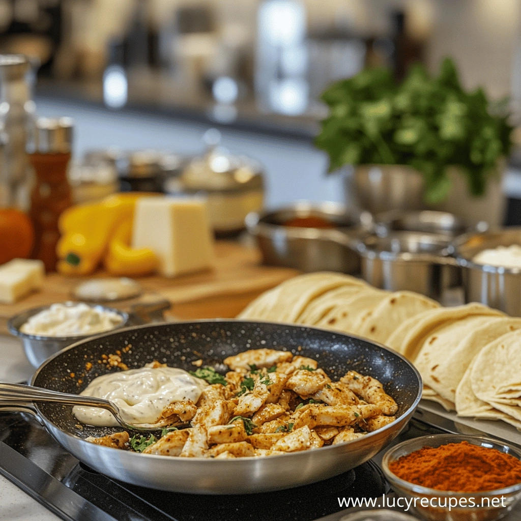 A skillet filled with seasoned chicken pieces and creamy garlic sauce, surrounded by tortillas, spices, cheese, and fresh ingredients, ready to make cheesy chicken garlic wraps.