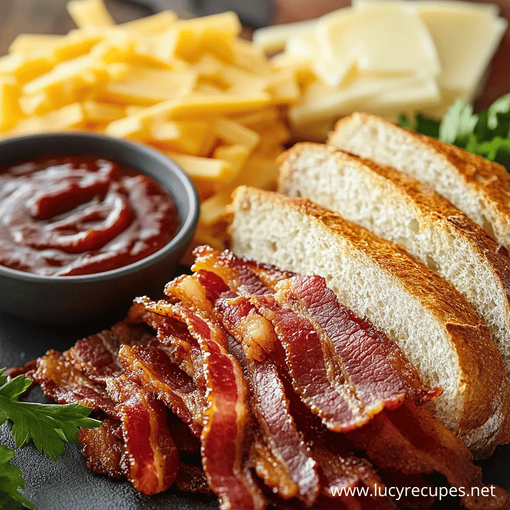 Smoky BBQ Bacon Melt ingredients including crispy bacon strips, sliced bread, cheddar cheese, mozzarella cheese, and a bowl of barbecue sauce, arranged on a black cutting board