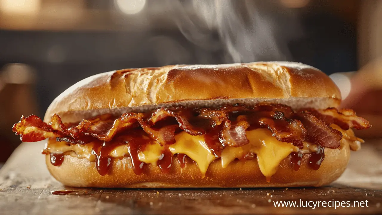 Smoky BBQ Bacon Melt sandwich with crispy bacon strips, melted cheese, and barbecue sauce in a toasted hoagie roll, with steam rising from it