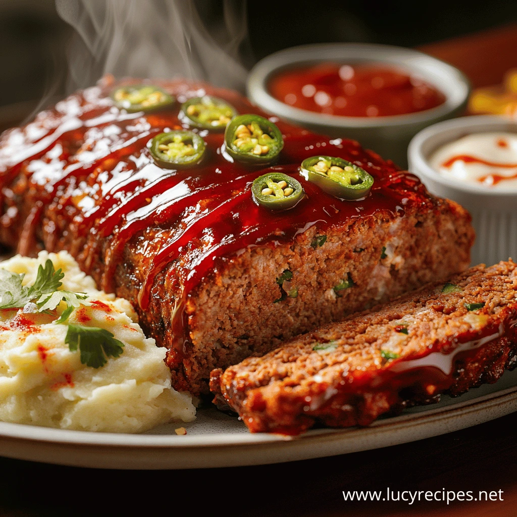 A steaming meatloaf topped with a glossy barbecue glaze and sliced jalapeños, served with mashed potatoes and dipping sauces