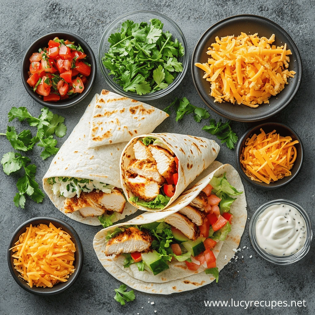 Are chicken wraps healthy? Three grilled chicken wraps filled with lettuce, diced tomatoes, cucumbers, and seasoned grilled chicken, served on a dark surface with bowls of shredded cheddar cheese, fresh cilantro, salsa, and a side of creamy sauce.