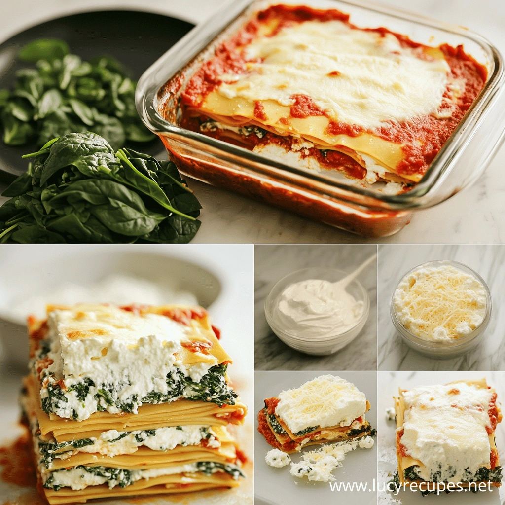 How Spinach Lasagne Recipe showing a baked lasagne in a glass dish, fresh spinach, and step-by-step preparation with ricotta cheese, grated cheese, and layered pasta sheets.