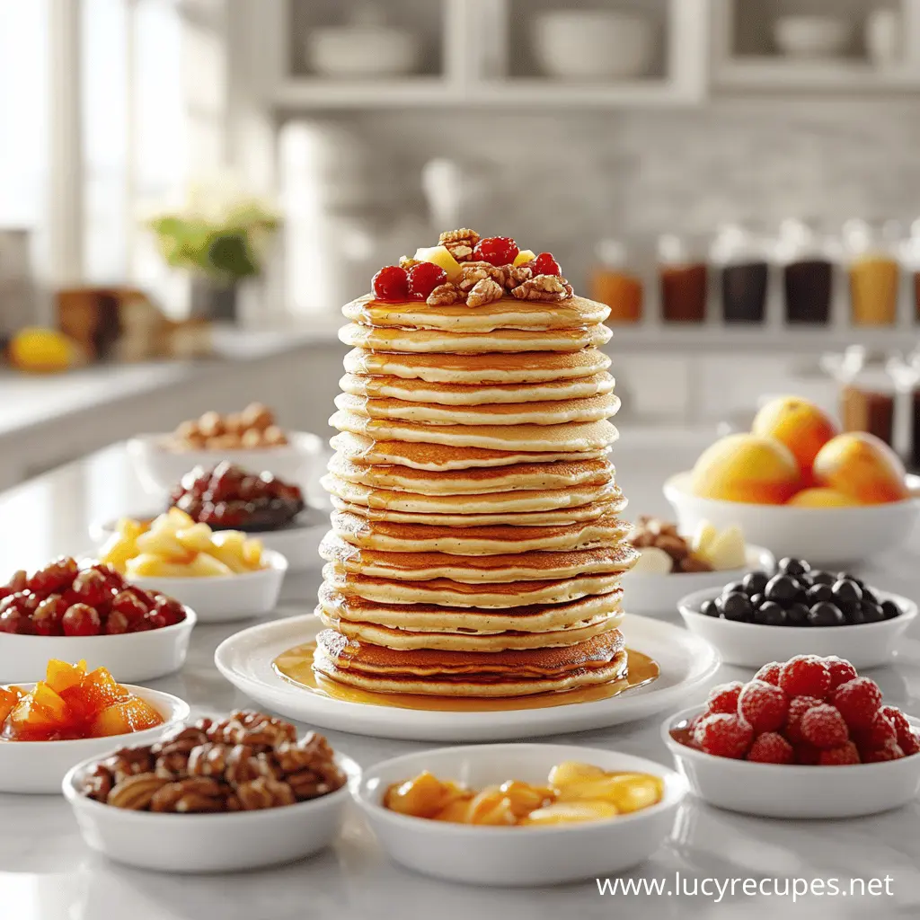 Towering stack of pancakes with syrup drizzling down the sides, topped with cherries, walnuts, and pineapple, surrounded by bowls of raspberries, blueberries, nuts, and various fruits in a bright kitchen setting