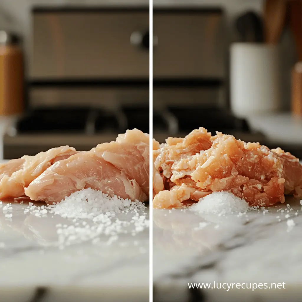 Does salting chicken skin make it crispy? A side-by-side comparison of raw chicken before and after being salted, showing changes in texture.