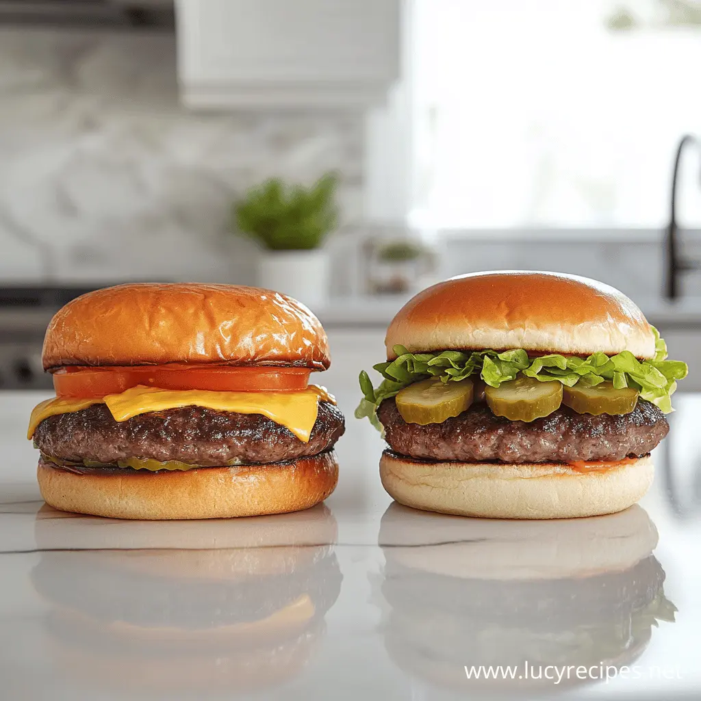 A cheeseburger with melted cheddar and tomato next to a hamburger with lettuce, pickles, and tomato, both on brioche buns.