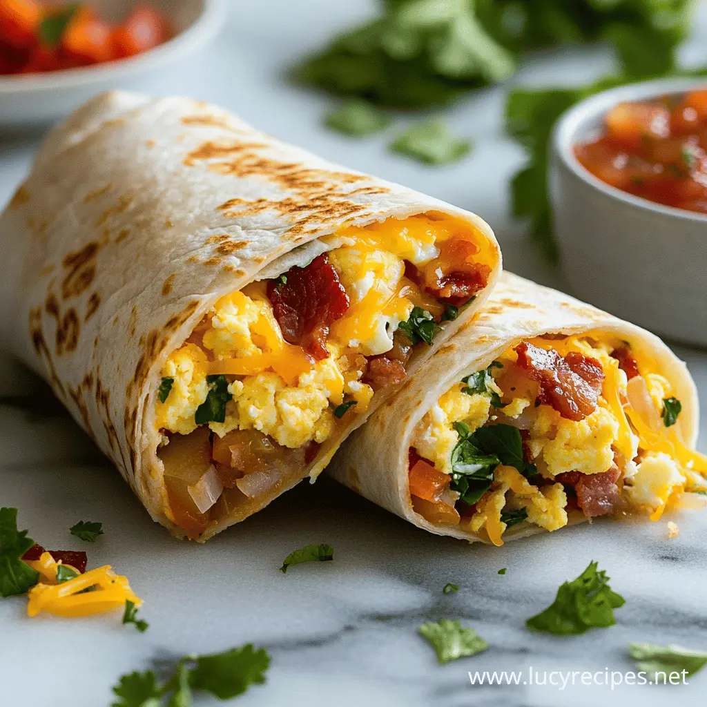 A warm breakfast burrito filled with scrambled eggs, crispy bacon, melted cheese, and fresh vegetables, served with salsa on a marble surface