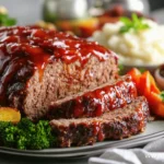 A glazed meatloaf sliced and served with roasted vegetables, mashed potatoes, and a side of seasoned lentils on a dinner plate