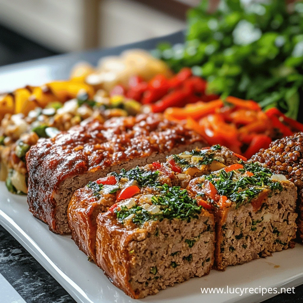 A platter of meatloaf variations, including a traditional glazed meatloaf and a gourmet herb-filled meatloaf, served with roasted vegetables and lentils