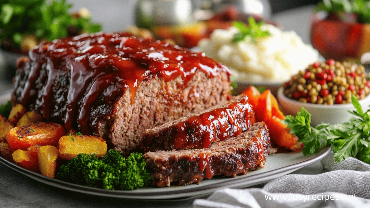 A glazed meatloaf sliced and served with roasted vegetables, mashed potatoes, and a side of seasoned lentils on a dinner plate