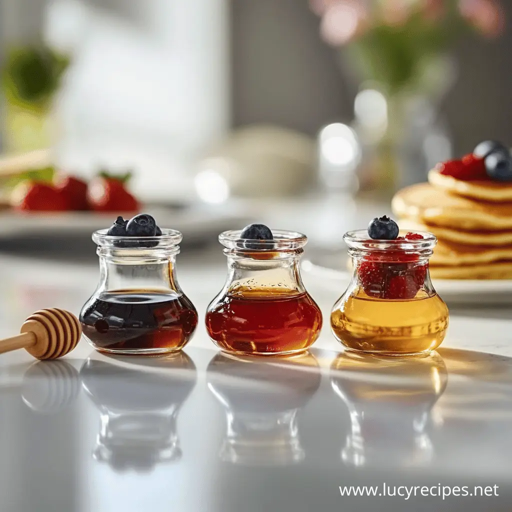 Three small glass jars filled with different types of the best syrup for pancakes, each topped with fresh berries, set on a reflective countertop with a stack of pancakes in the background.