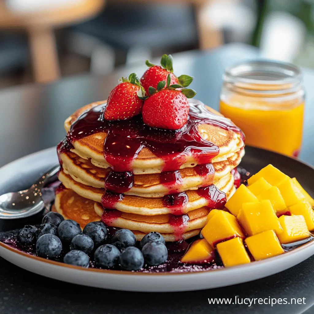 A stack of fluffy pancakes drizzled with the best syrup for pancakes, a rich berry sauce, and topped with fresh strawberries, blueberries, and mango cubes on a black plate