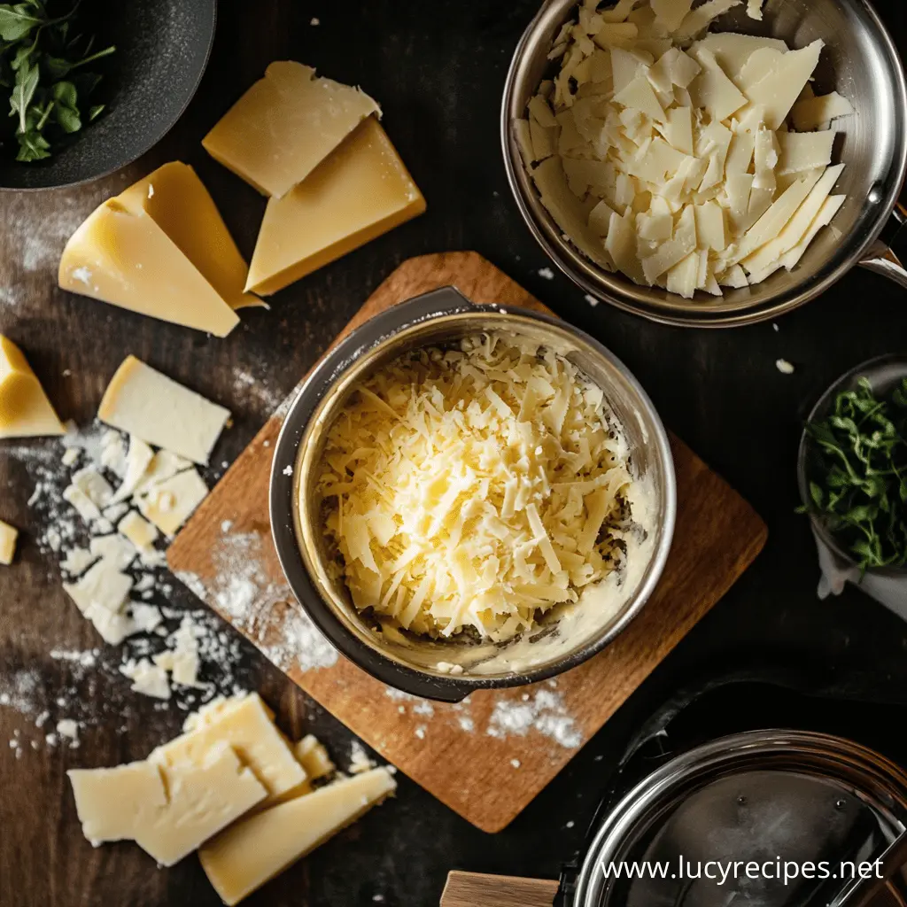 A variety of shredded and sliced cheeses in bowls and on a wooden board, ready for making mac and cheese. Best Cheese for Mac and Cheese.