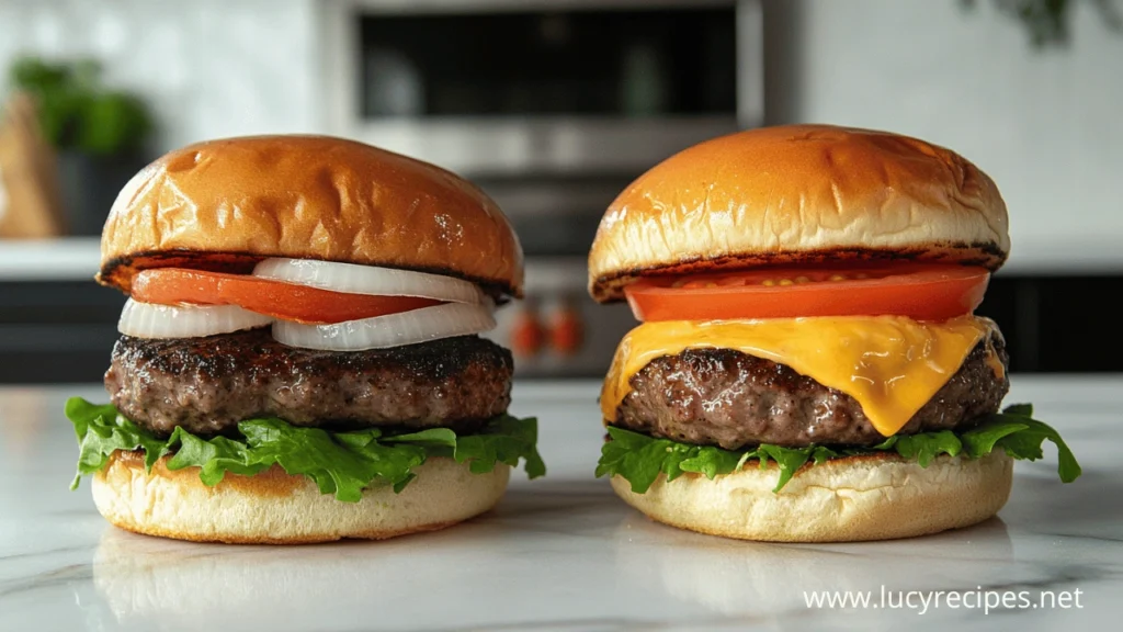 Is a cheeseburger still a hamburger? A side-by-side comparison of a classic hamburger with lettuce, tomato, and onion next to a cheeseburger with melted cheddar cheese