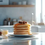 A stack of golden pancakes drizzled with the best syrup for pancakes, topped with fresh berries, and served on a white plate in a bright kitchen