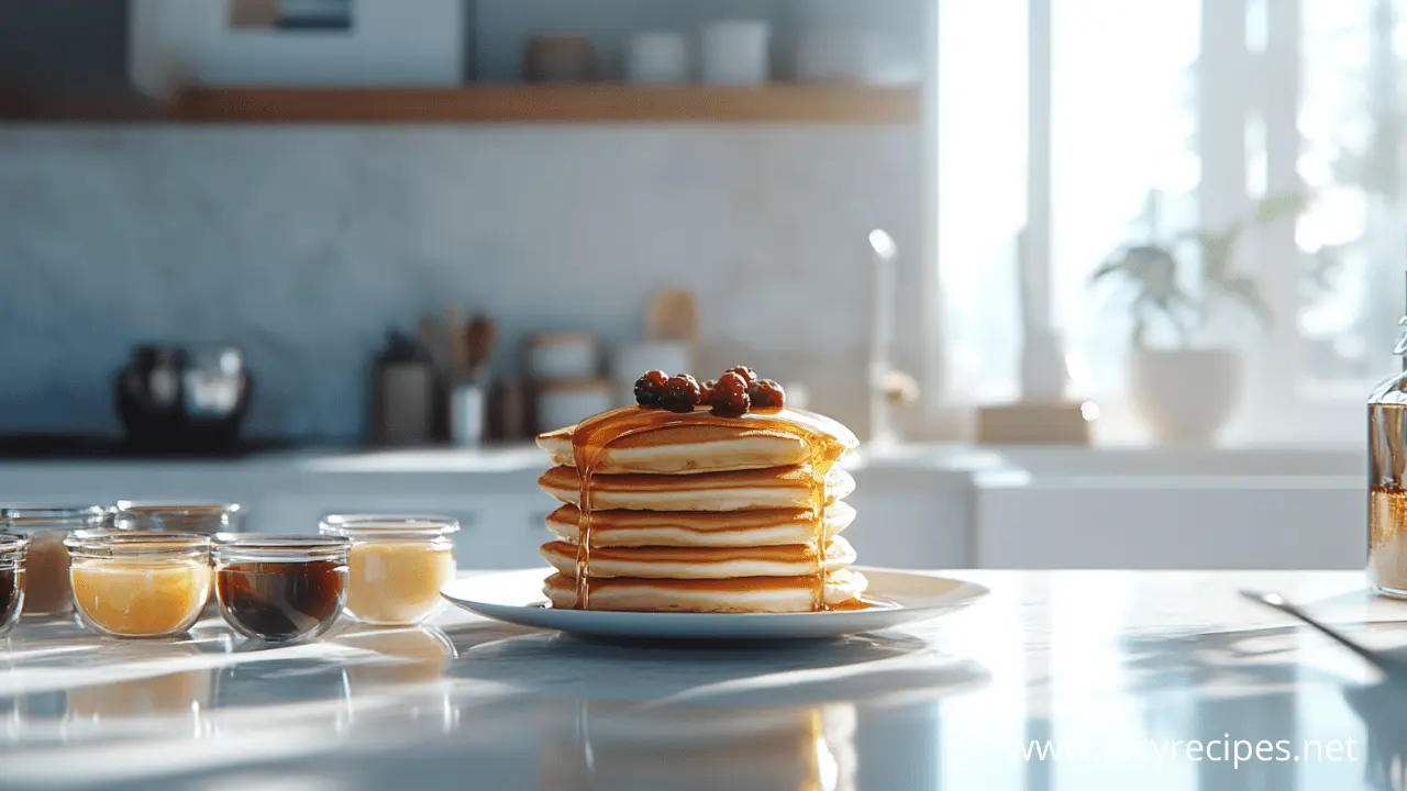 A stack of golden pancakes drizzled with the best syrup for pancakes, topped with fresh berries, and served on a white plate in a bright kitchen