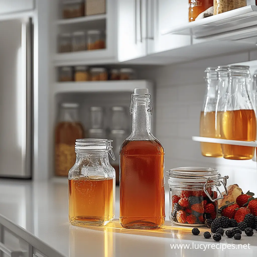 Glass bottles filled with the best syrup for pancakes, placed on a bright kitchen countertop alongside a jar of fresh berries