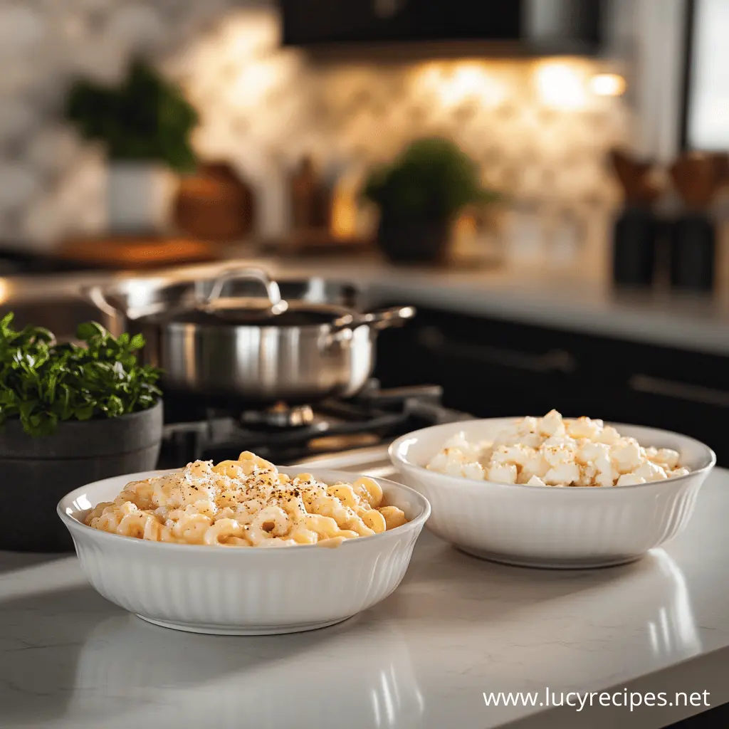 Two bowls of mac and cheese on a kitchen counter, one creamy and smooth, the other with cubed cheese. Best Cheese for Mac and Cheese