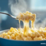 A steaming bowl of mac and cheese with gooey, melted cheese stretching from a fork. Best Cheese for Mac and Cheese.