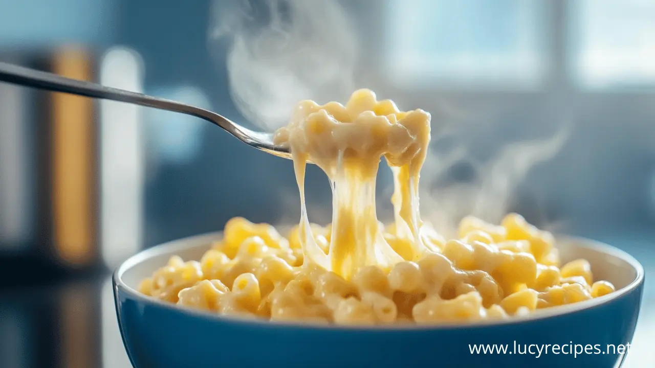 A steaming bowl of mac and cheese with gooey, melted cheese stretching from a fork. Best Cheese for Mac and Cheese.